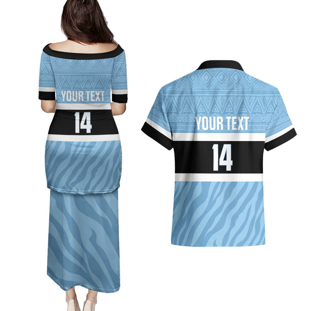 Custom Botswana Cricket Couples Matching Puletasi and Hawaiian Shirt Go Baggy Blues Zebra Mascot - Wonder Print Shop