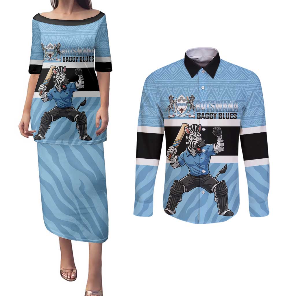 Custom Botswana Cricket Couples Matching Puletasi and Long Sleeve Button Shirt Go Baggy Blues Zebra Mascot - Wonder Print Shop