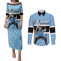 Custom Botswana Cricket Couples Matching Puletasi and Long Sleeve Button Shirt Go Baggy Blues Zebra Mascot - Wonder Print Shop