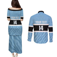 Custom Botswana Cricket Couples Matching Puletasi and Long Sleeve Button Shirt Go Baggy Blues Zebra Mascot - Wonder Print Shop