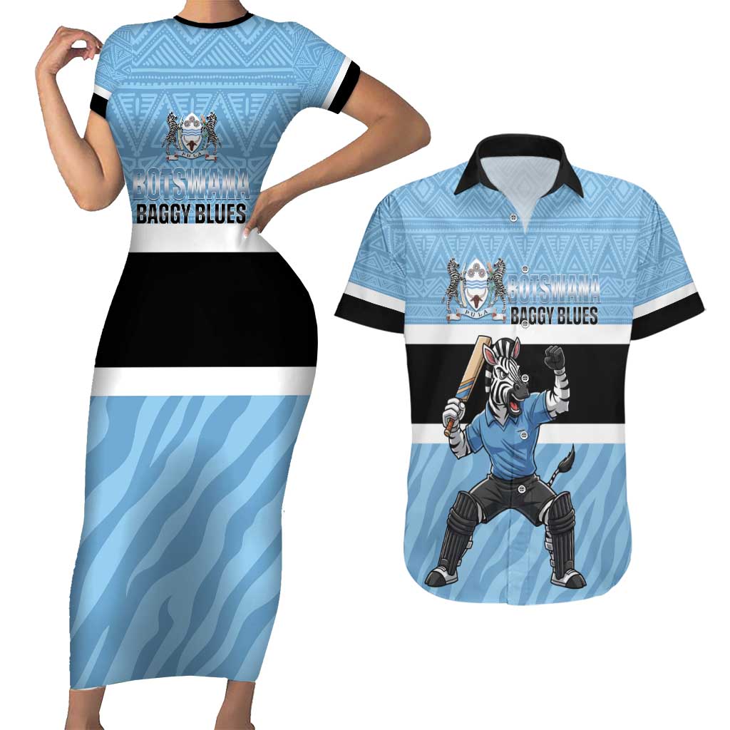 Custom Botswana Cricket Couples Matching Short Sleeve Bodycon Dress and Hawaiian Shirt Go Baggy Blues Zebra Mascot - Wonder Print Shop