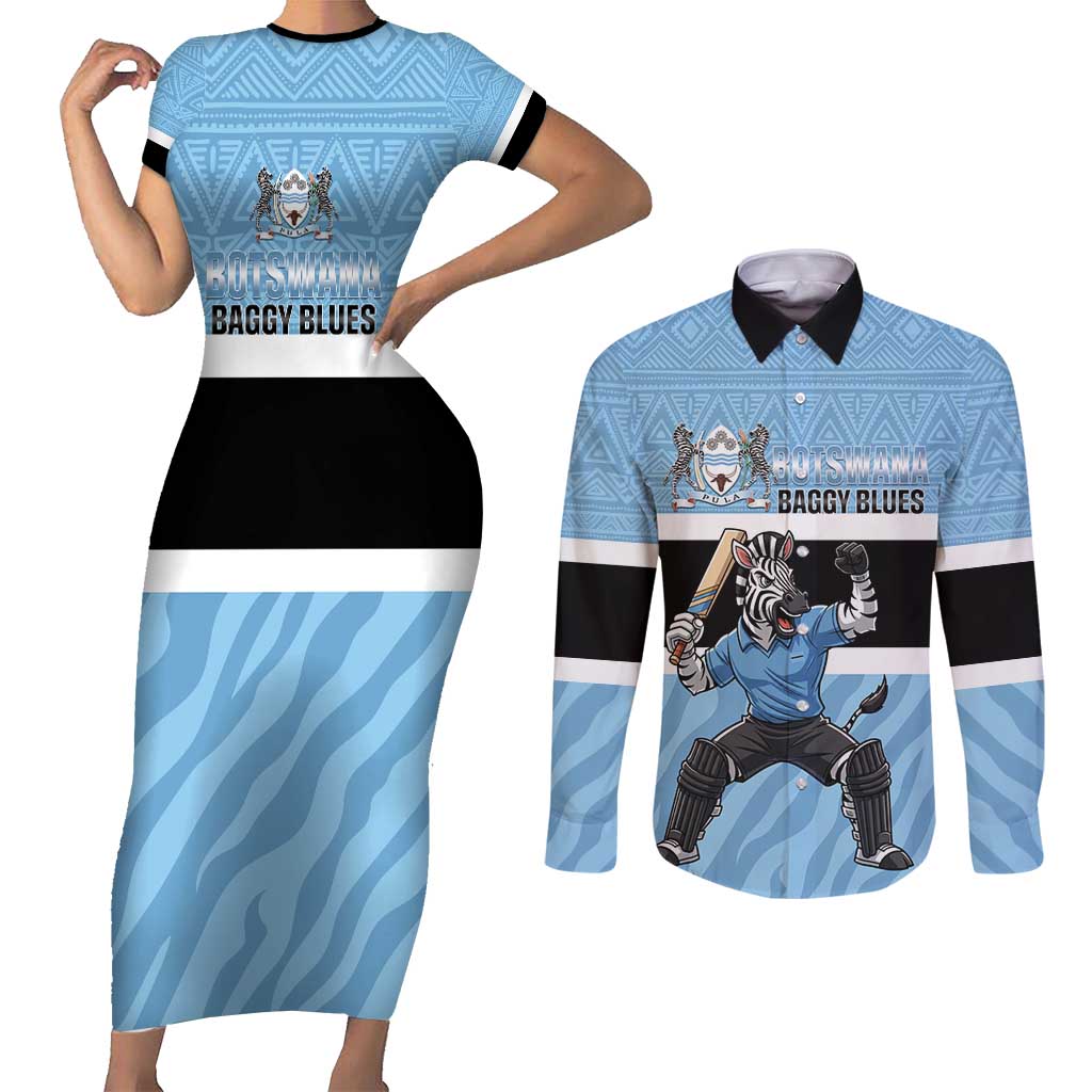 Custom Botswana Cricket Couples Matching Short Sleeve Bodycon Dress and Long Sleeve Button Shirt Go Baggy Blues Zebra Mascot - Wonder Print Shop