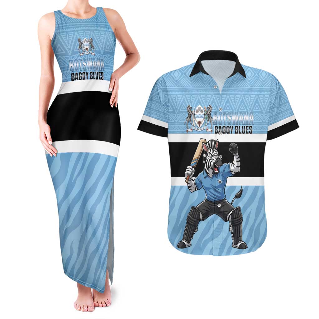 Custom Botswana Cricket Couples Matching Tank Maxi Dress and Hawaiian Shirt Go Baggy Blues Zebra Mascot - Wonder Print Shop