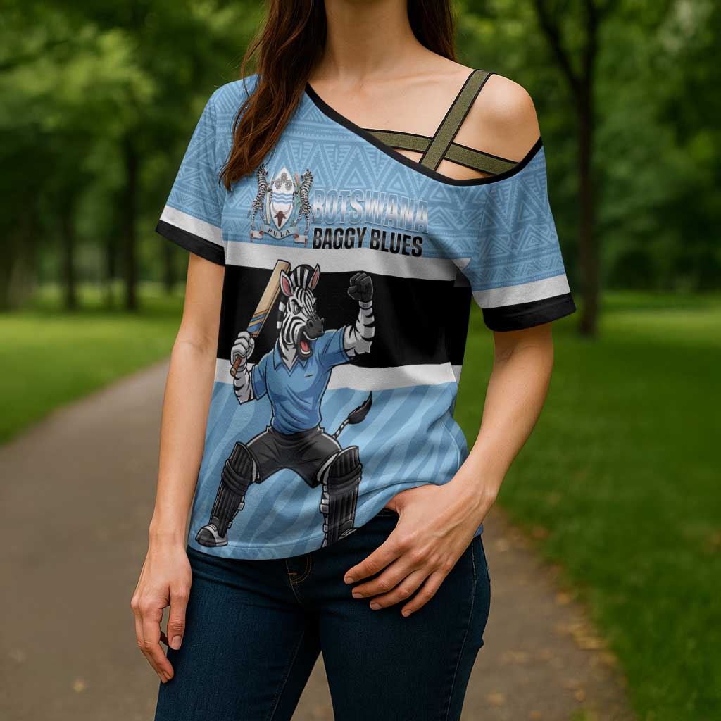 Custom Botswana Cricket Cross Shoulder Shirt Go Baggy Blues Zebra Mascot - Wonder Print Shop