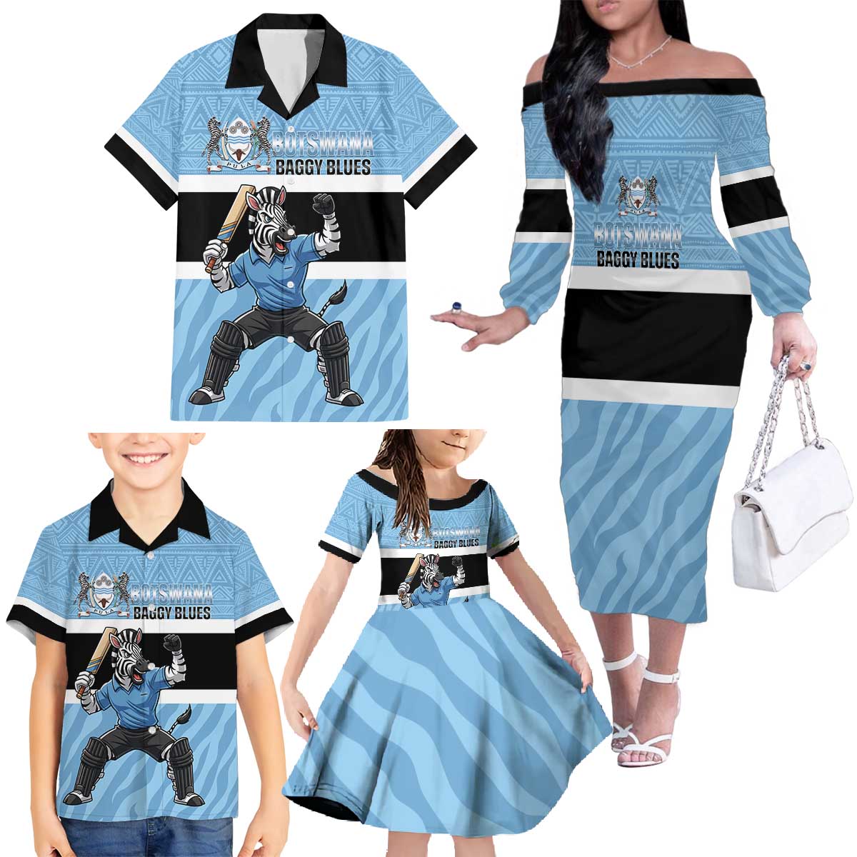 Custom Botswana Cricket Family Matching Off The Shoulder Long Sleeve Dress and Hawaiian Shirt Go Baggy Blues Zebra Mascot - Wonder Print Shop