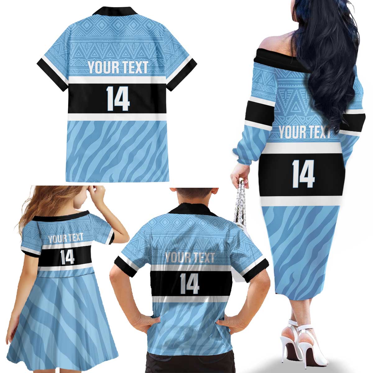 Custom Botswana Cricket Family Matching Off The Shoulder Long Sleeve Dress and Hawaiian Shirt Go Baggy Blues Zebra Mascot - Wonder Print Shop