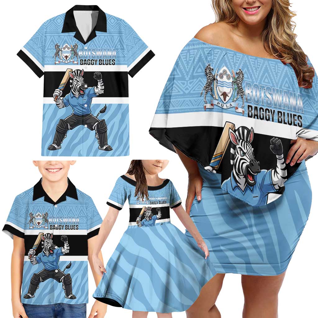 Custom Botswana Cricket Family Matching Off Shoulder Short Dress and Hawaiian Shirt Go Baggy Blues Zebra Mascot - Wonder Print Shop