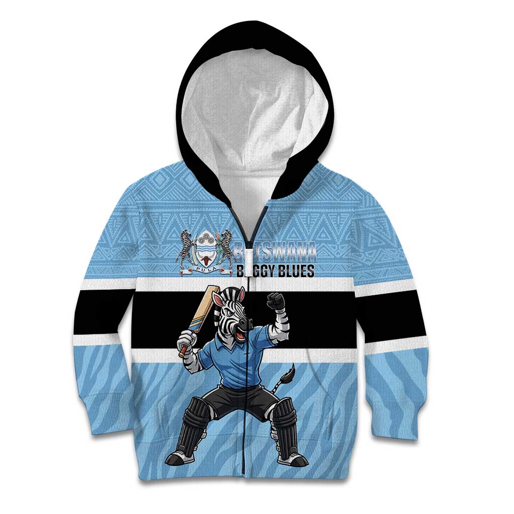 Custom Botswana Cricket Kid Hoodie Go Baggy Blues Zebra Mascot - Wonder Print Shop