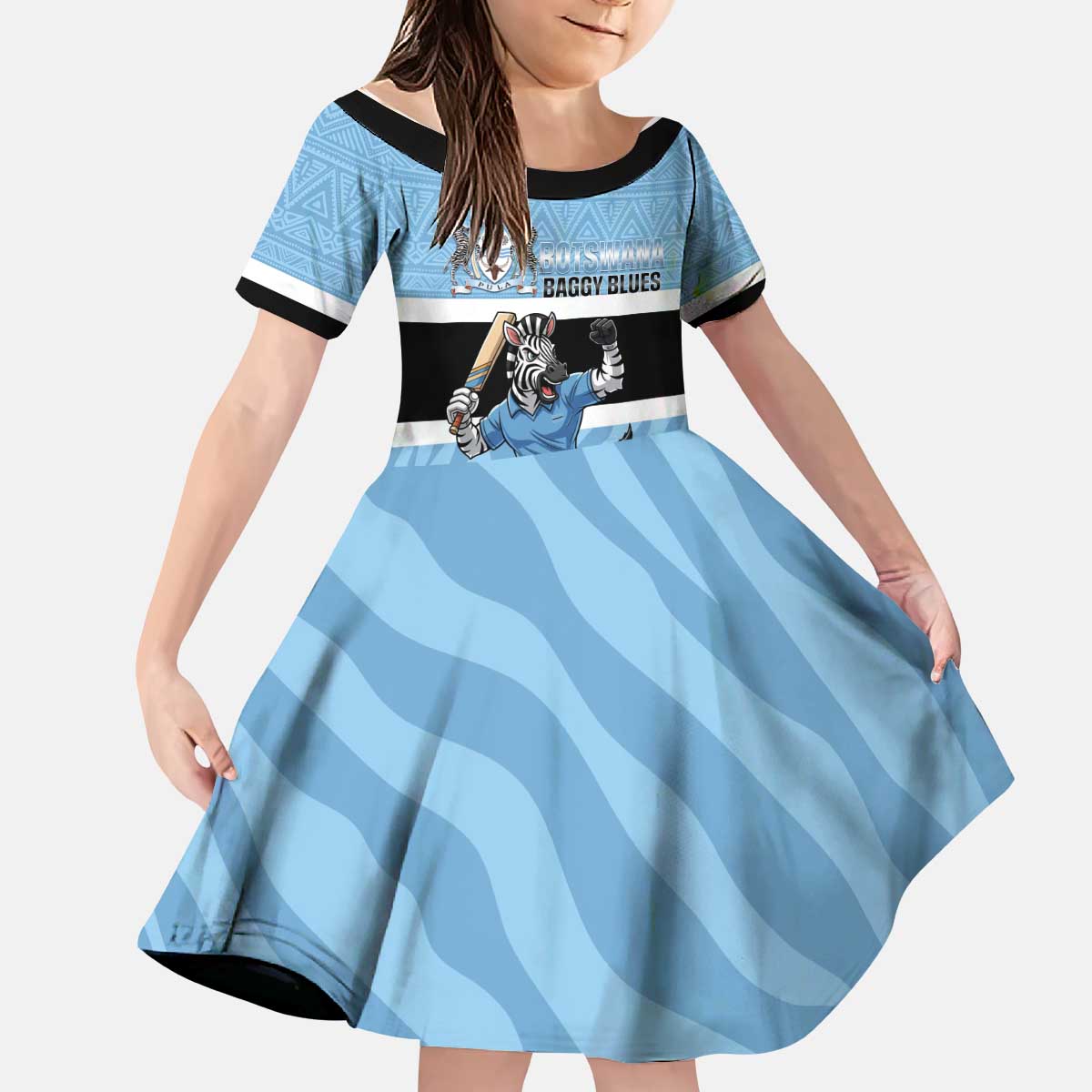 Custom Botswana Cricket Kid Short Sleeve Dress Go Baggy Blues Zebra Mascot - Wonder Print Shop