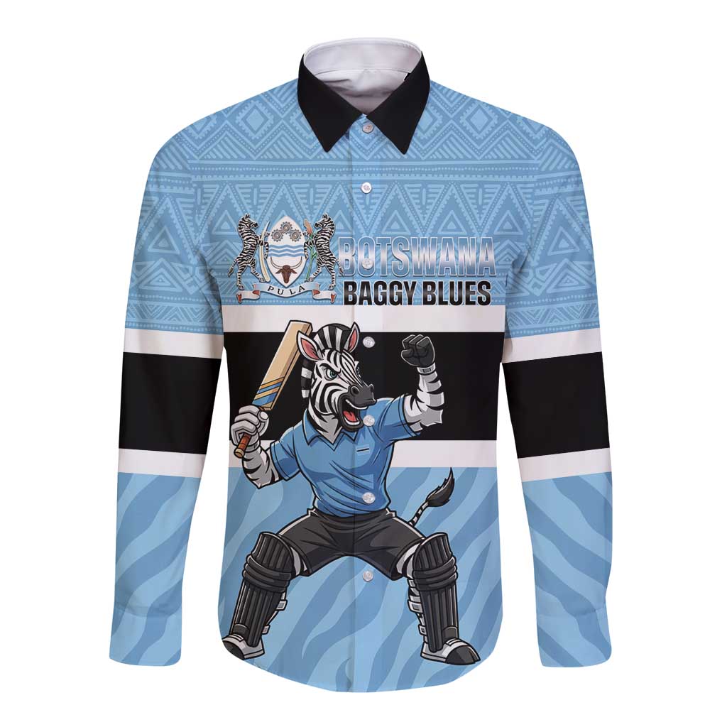 Custom Botswana Cricket Long Sleeve Button Shirt Go Baggy Blues Zebra Mascot - Wonder Print Shop