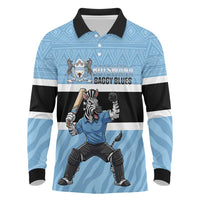 Custom Botswana Cricket Long Sleeve Polo Shirt Go Baggy Blues Zebra Mascot - Wonder Print Shop