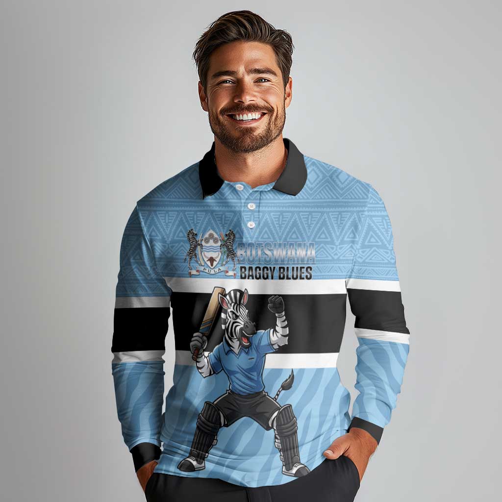 Custom Botswana Cricket Long Sleeve Polo Shirt Go Baggy Blues Zebra Mascot - Wonder Print Shop