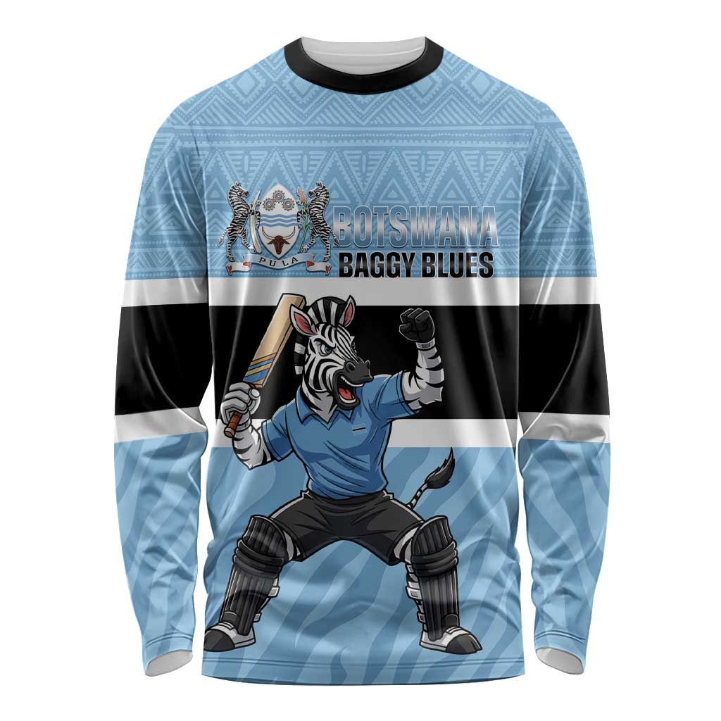 Custom Botswana Cricket Long Sleeve Shirt Go Baggy Blues Zebra Mascot - Wonder Print Shop