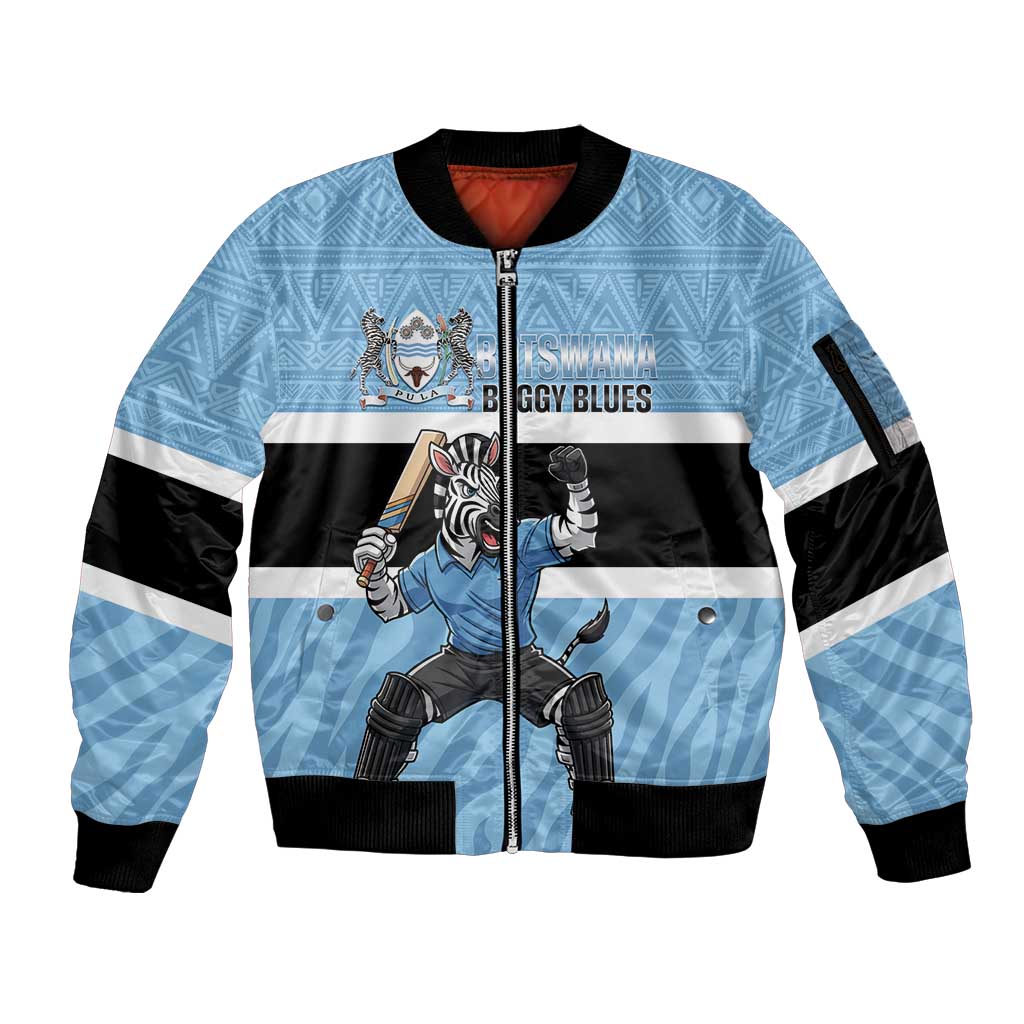 Custom Botswana Cricket Sleeve Zip Bomber Jacket Go Baggy Blues Zebra Mascot - Wonder Print Shop