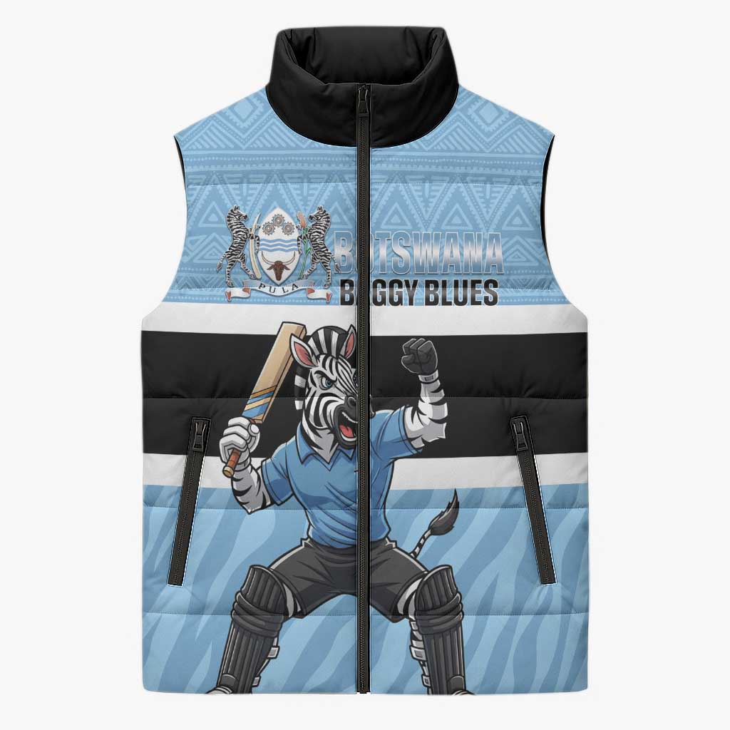 Custom Botswana Cricket Sleeveless Puffer Jacket Go Baggy Blues Zebra Mascot - Wonder Print Shop