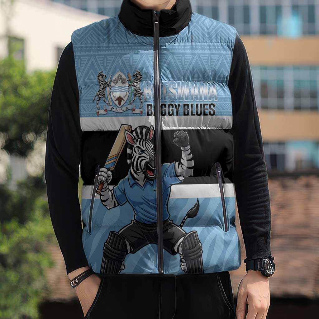 Custom Botswana Cricket Sleeveless Puffer Jacket Go Baggy Blues Zebra Mascot - Wonder Print Shop