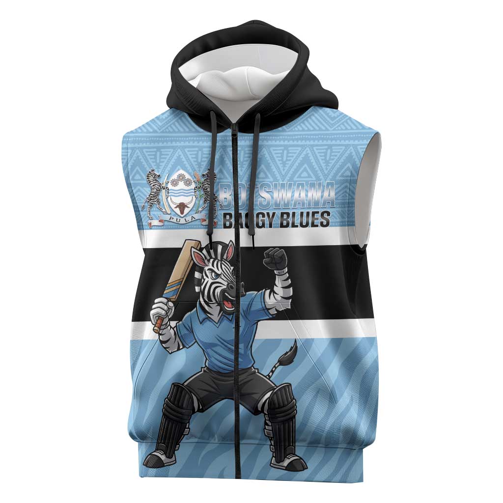 Custom Botswana Cricket Sleeveless Zip Hoodie Go Baggy Blues Zebra Mascot - Wonder Print Shop