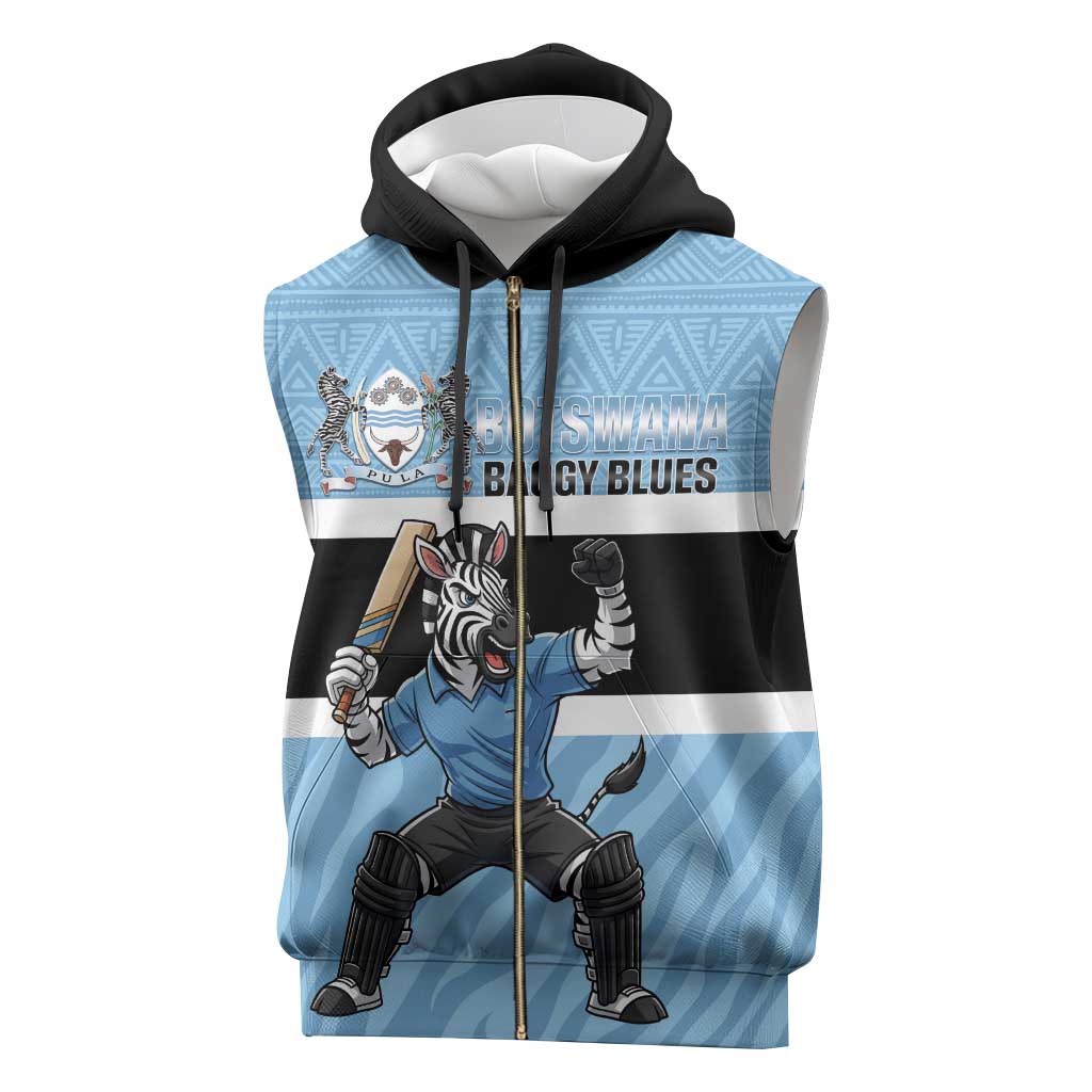 Custom Botswana Cricket Sleeveless Zip Hoodie Go Baggy Blues Zebra Mascot - Wonder Print Shop