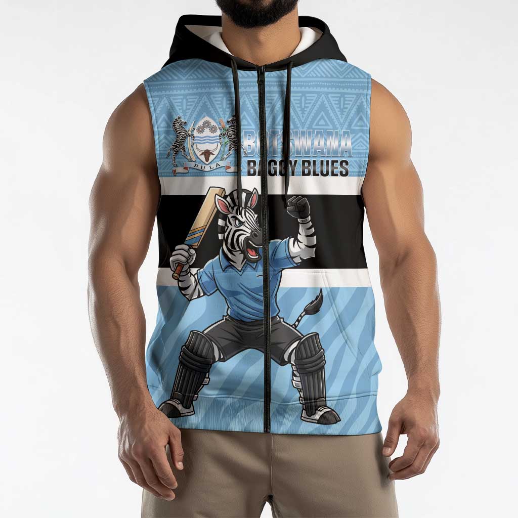 Custom Botswana Cricket Sleeveless Zip Hoodie Go Baggy Blues Zebra Mascot - Wonder Print Shop