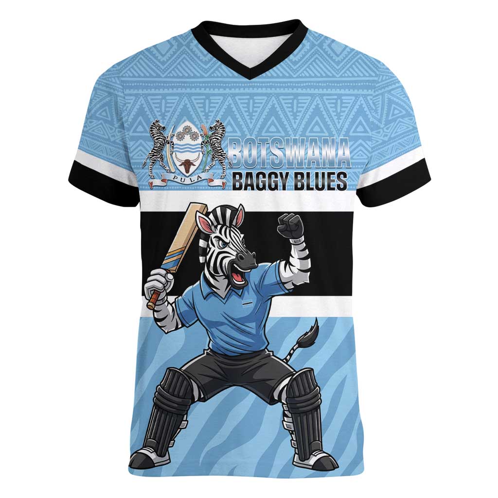 Custom Botswana Cricket Women V-Neck T-Shirt Go Baggy Blues Zebra Mascot - Wonder Print Shop