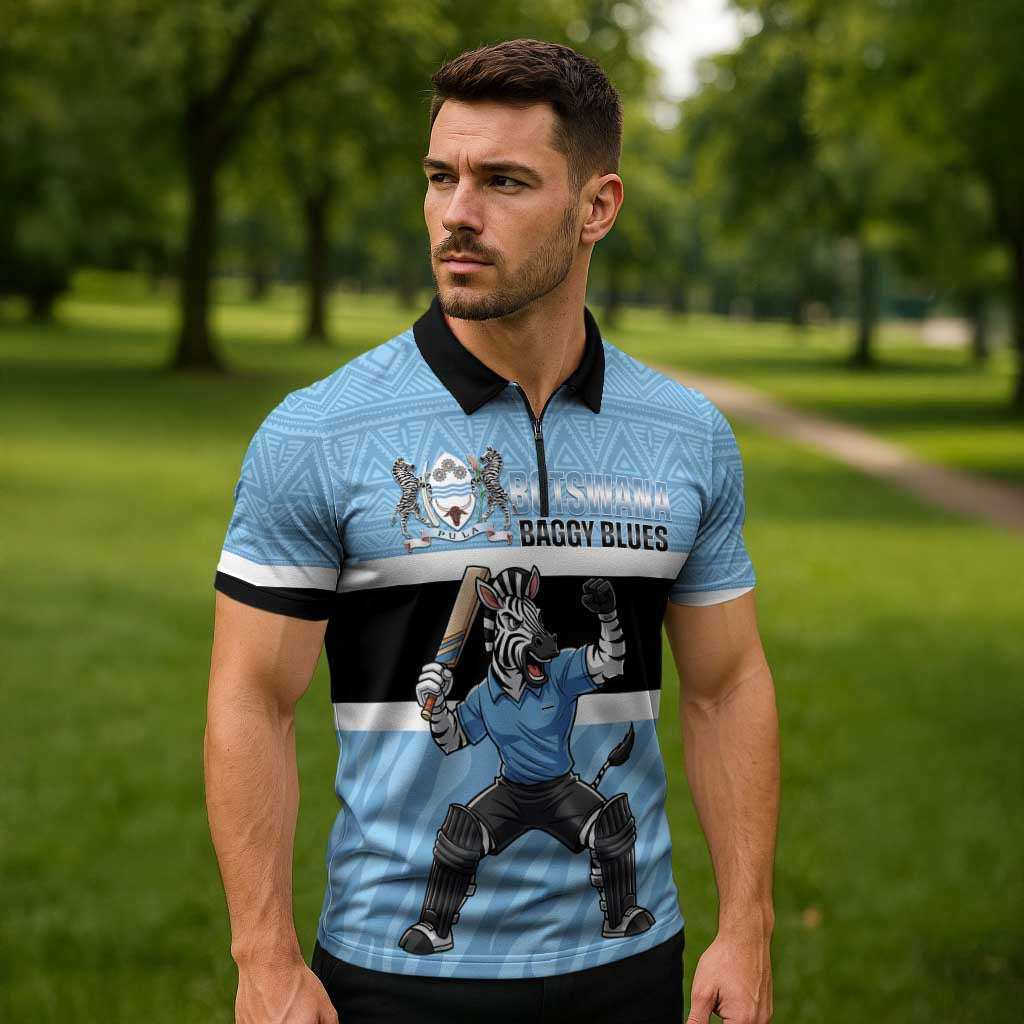 Custom Botswana Cricket Zipper Polo Shirt Go Baggy Blues Zebra Mascot - Wonder Print Shop
