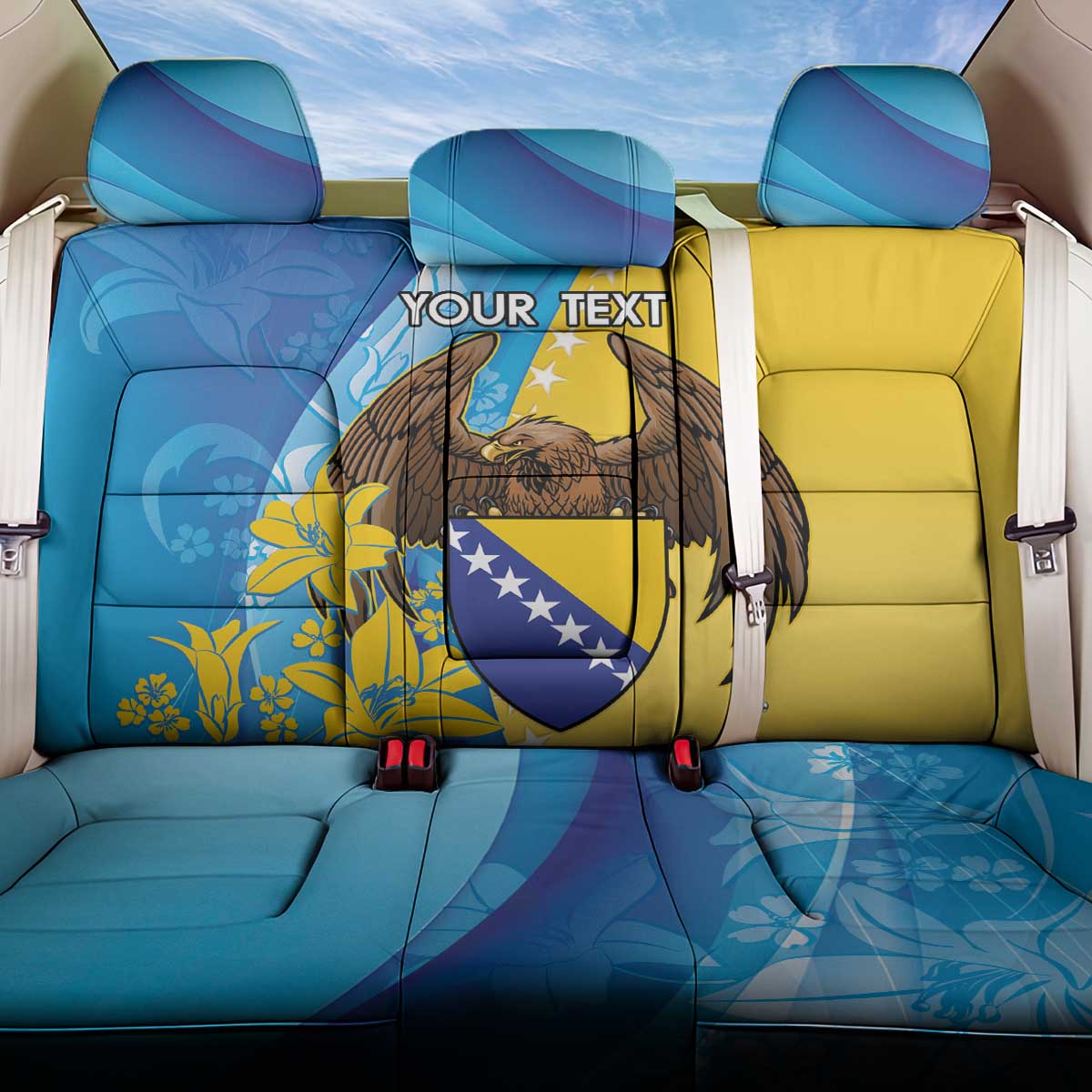 Personalised Bosnia and Herzegovina Independence Day Back Car Seat Cover Lilium Bosniacum With Eagle Curve Style - Wonder Print Shop