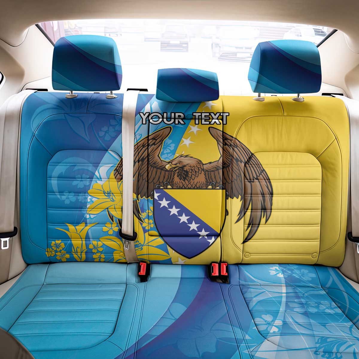 Personalised Bosnia and Herzegovina Independence Day Back Car Seat Cover Lilium Bosniacum With Eagle Curve Style - Wonder Print Shop