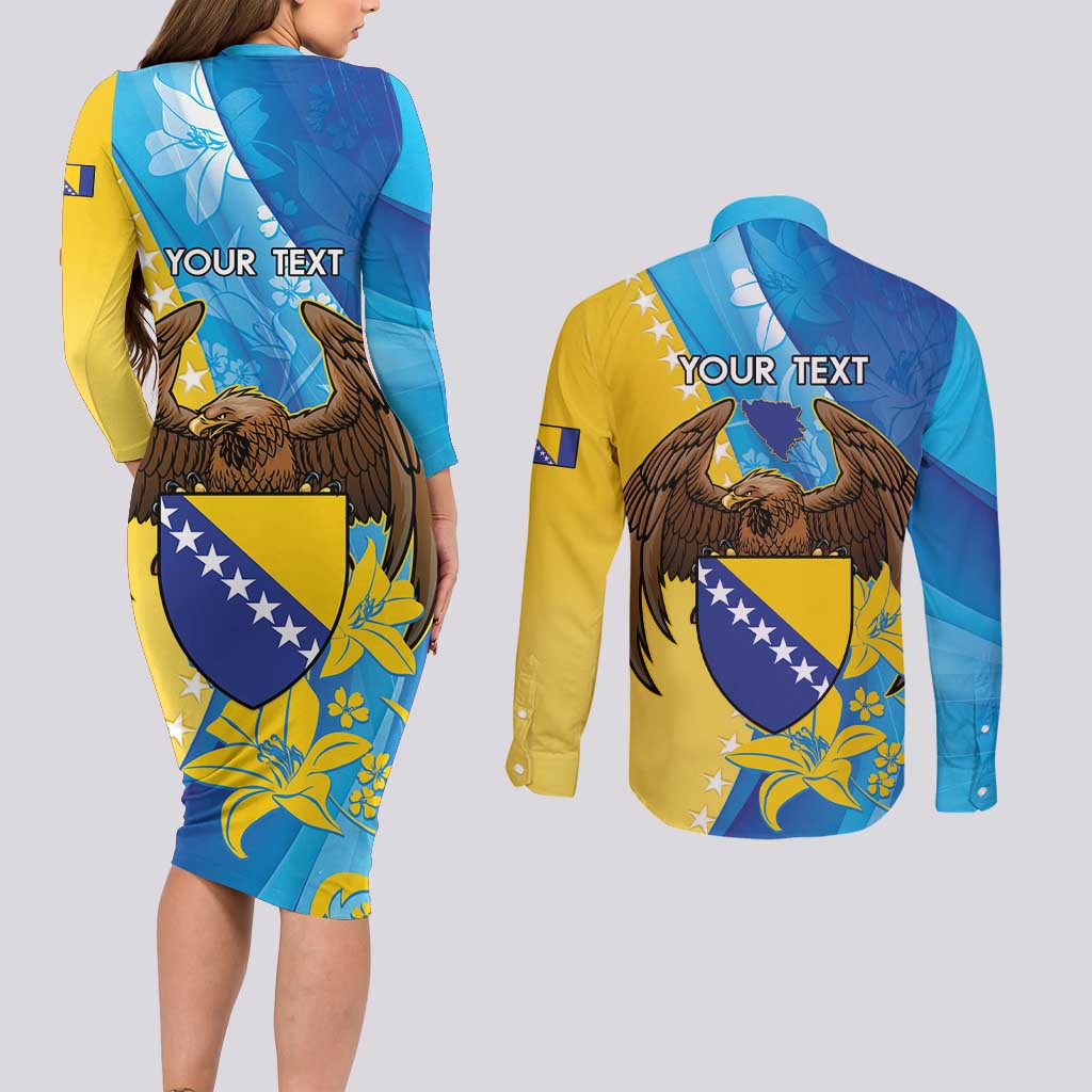 Personalised Bosnia and Herzegovina Independence Day Couples Matching Long Sleeve Bodycon Dress and Long Sleeve Button Shirt Lilium Bosniacum With Eagle Curve Style - Wonder Print Shop
