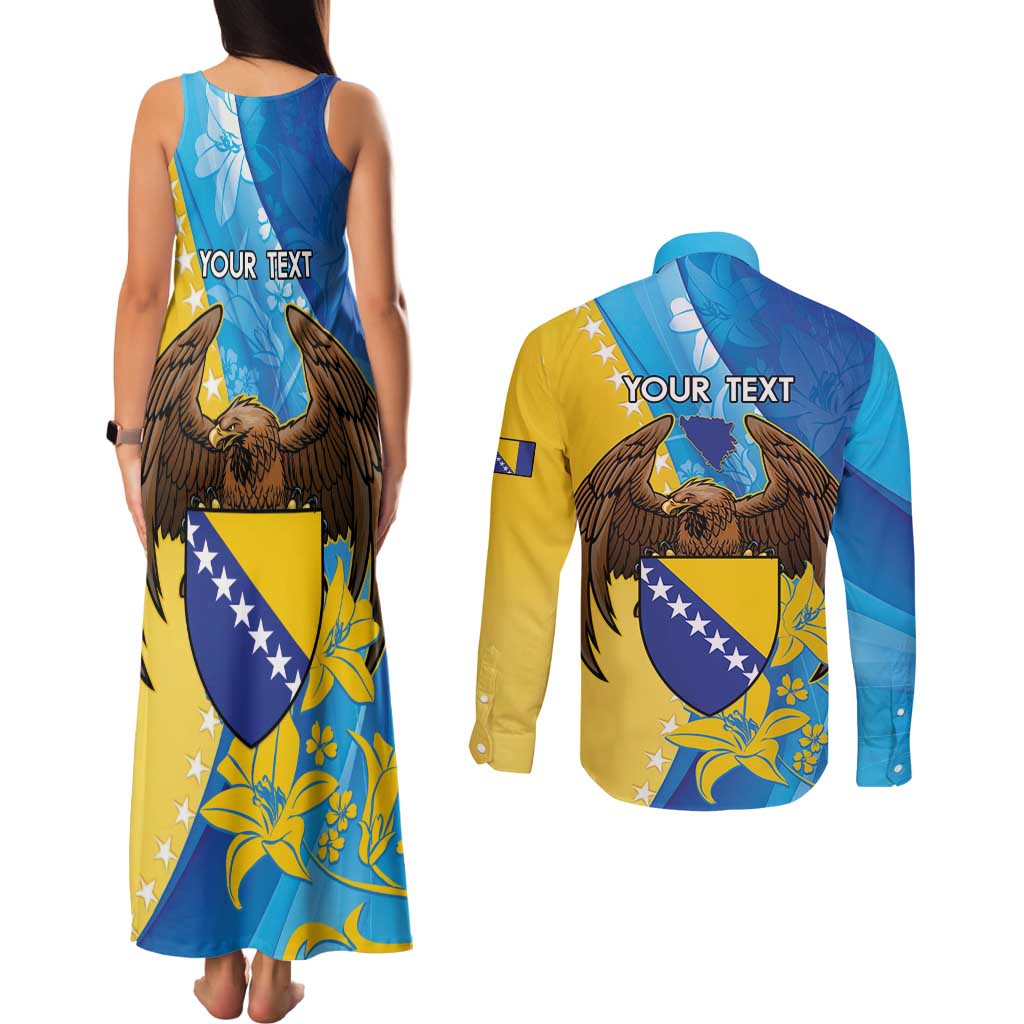 Personalised Bosnia and Herzegovina Independence Day Couples Matching Tank Maxi Dress and Long Sleeve Button Shirt Lilium Bosniacum With Eagle Curve Style - Wonder Print Shop