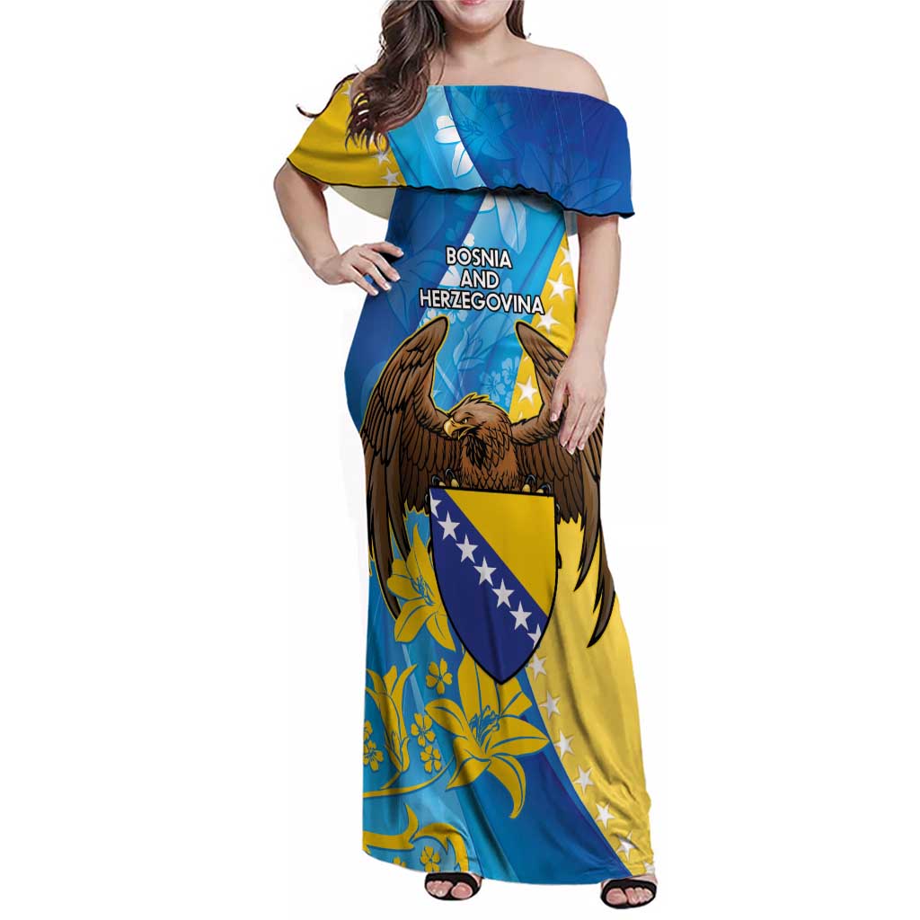 Personalised Bosnia and Herzegovina Independence Day Family Matching Off Shoulder Maxi Dress and Hawaiian Shirt Lilium Bosniacum With Eagle Curve Style - Wonder Print Shop