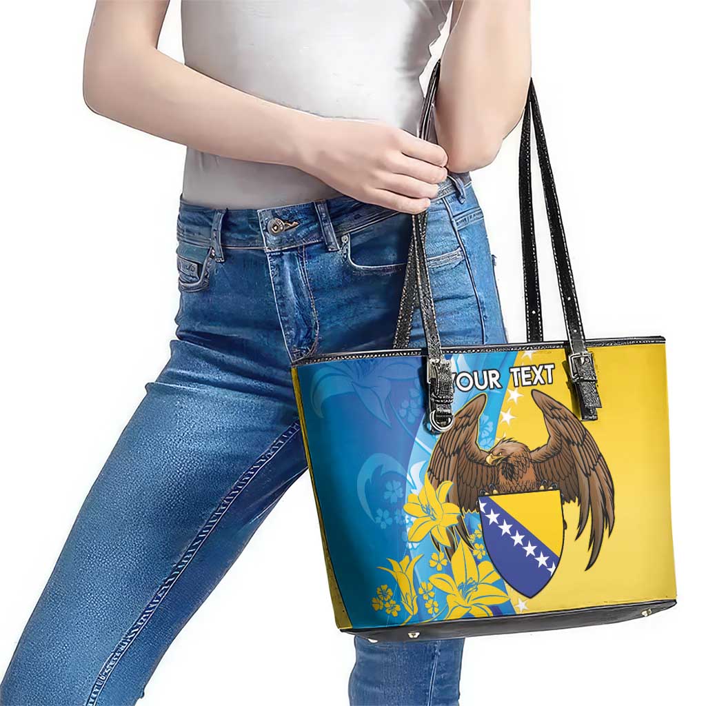 Personalised Bosnia and Herzegovina Independence Day Leather Tote Bag Lilium Bosniacum With Eagle Curve Style - Wonder Print Shop
