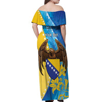 Personalised Bosnia and Herzegovina Independence Day Off Shoulder Maxi Dress Lilium Bosniacum With Eagle Curve Style - Wonder Print Shop