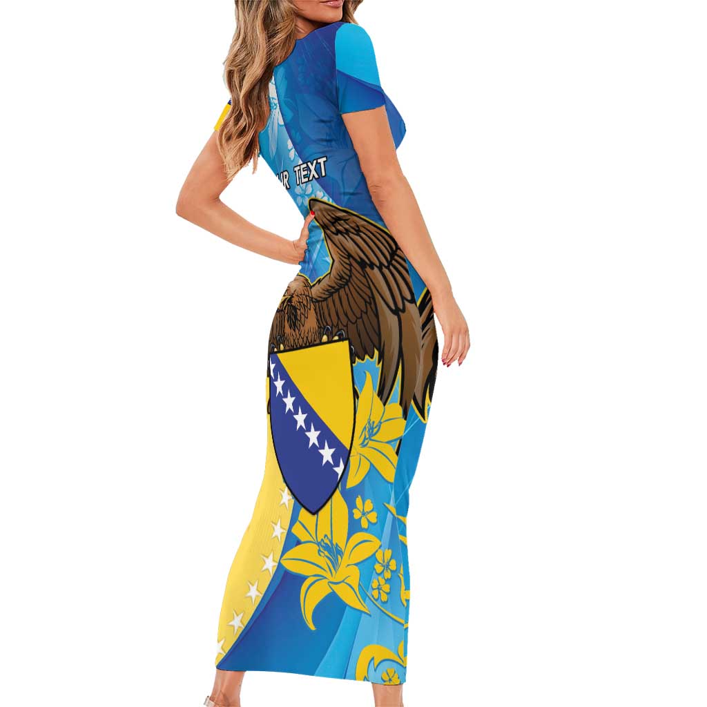 Personalised Bosnia and Herzegovina Independence Day Short Sleeve Bodycon Dress Lilium Bosniacum With Eagle Curve Style - Wonder Print Shop