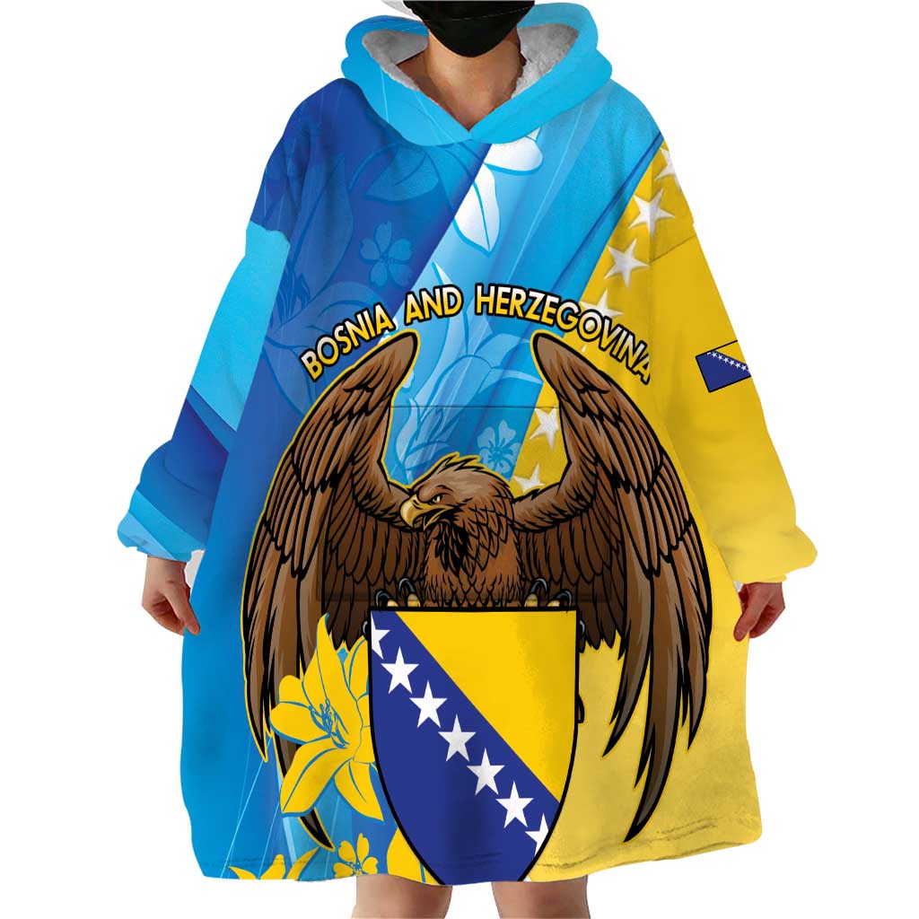 Personalised Bosnia and Herzegovina Independence Day Wearable Blanket Hoodie Lilium Bosniacum With Eagle Curve Style - Wonder Print Shop