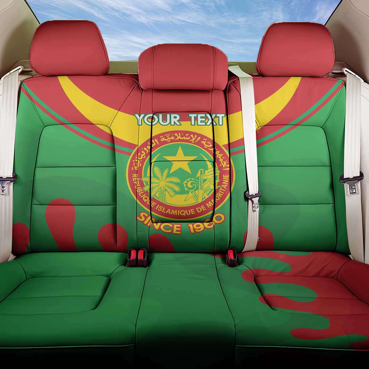 Personalised Mauritania Independence Day Back Car Seat Cover Coat Of Arms With Map Flag Color - Wonder Print Shop