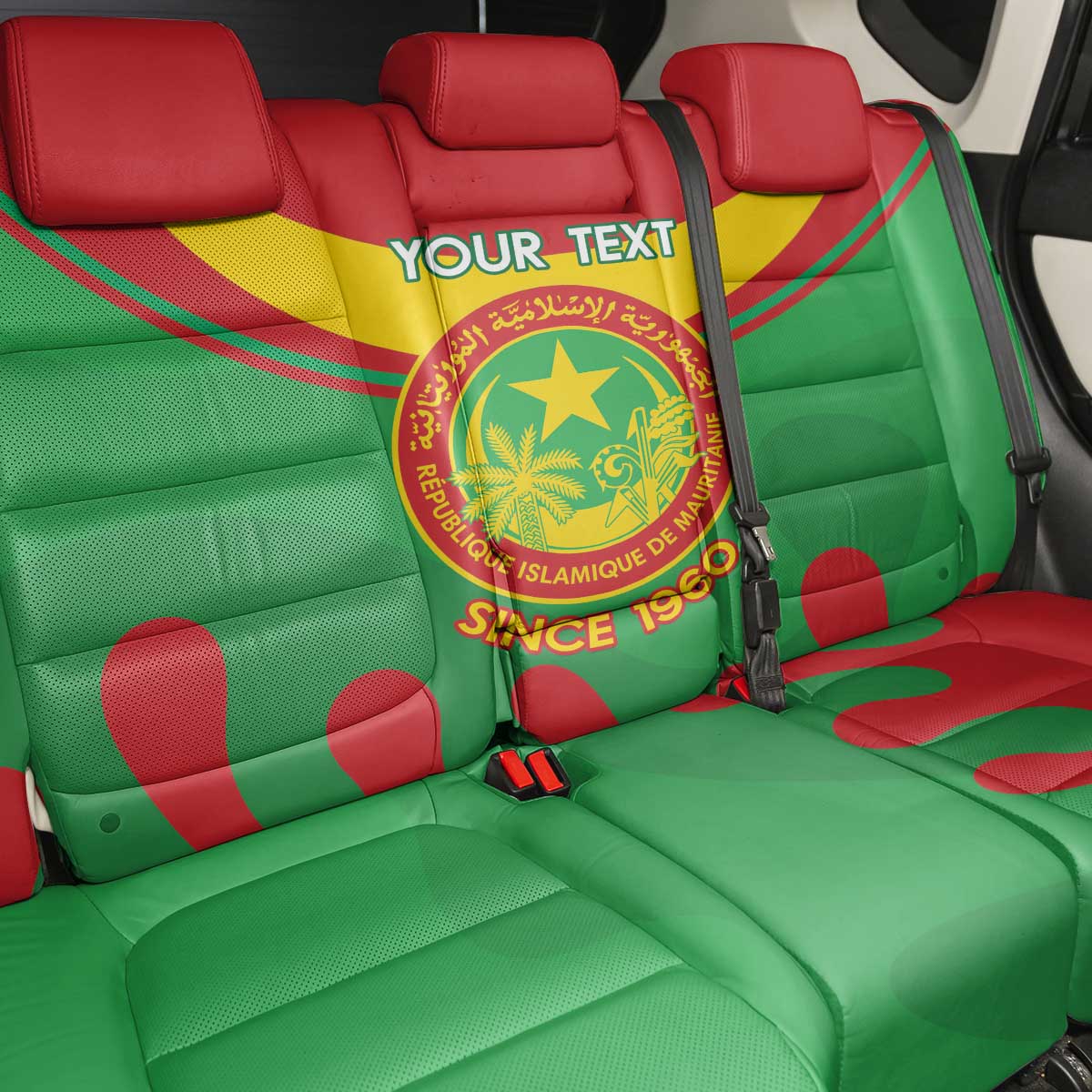 Personalised Mauritania Independence Day Back Car Seat Cover Coat Of Arms With Map Flag Color - Wonder Print Shop