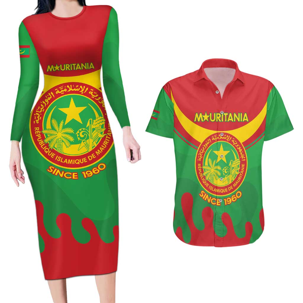 Personalised Mauritania Independence Day Couples Matching Long Sleeve Bodycon Dress and Hawaiian Shirt Coat Of Arms With Map Flag Color - Wonder Print Shop
