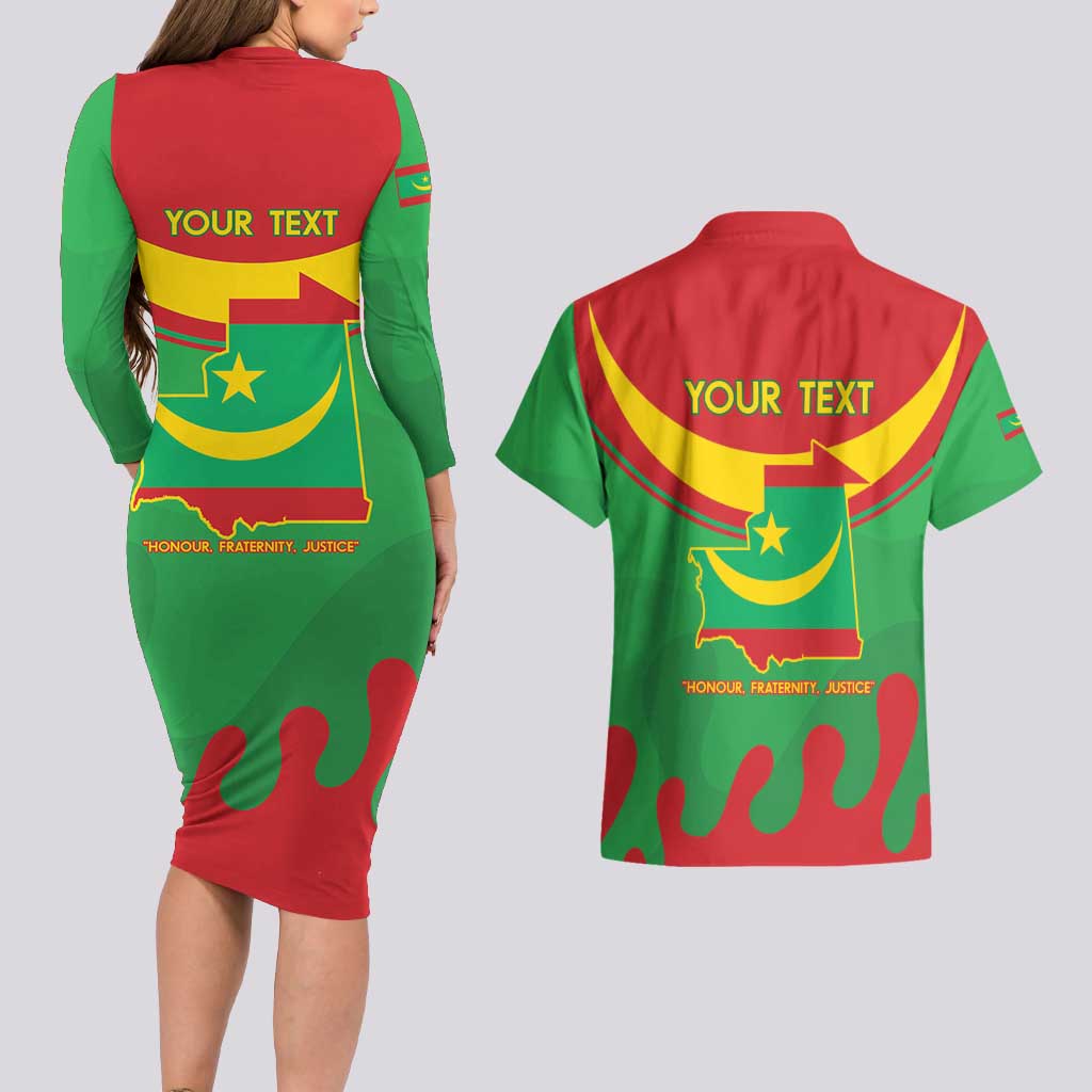 Personalised Mauritania Independence Day Couples Matching Long Sleeve Bodycon Dress and Hawaiian Shirt Coat Of Arms With Map Flag Color - Wonder Print Shop