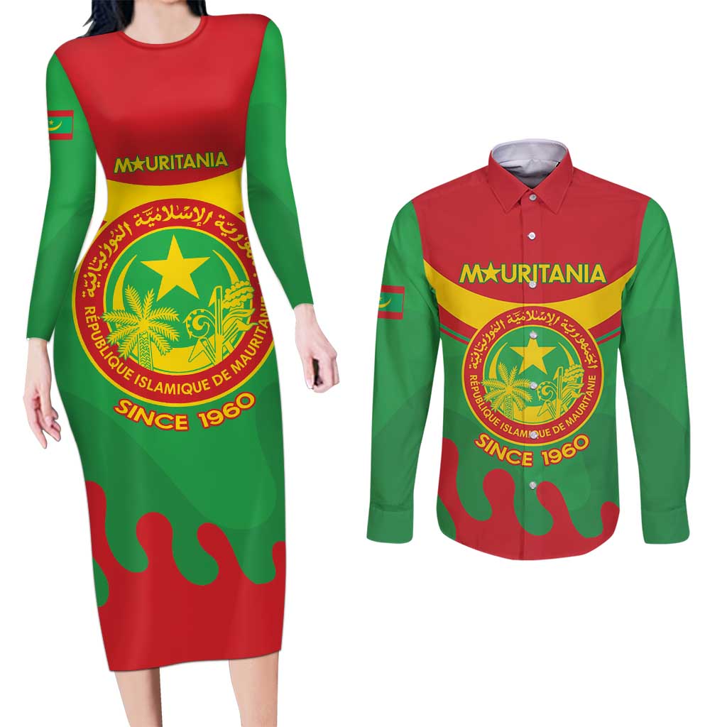 Personalised Mauritania Independence Day Couples Matching Long Sleeve Bodycon Dress and Long Sleeve Button Shirt Coat Of Arms With Map Flag Color - Wonder Print Shop