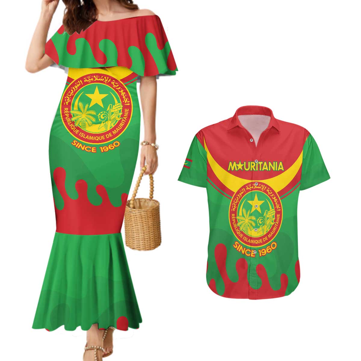 Personalised Mauritania Independence Day Couples Matching Mermaid Dress and Hawaiian Shirt Coat Of Arms With Map Flag Color - Wonder Print Shop
