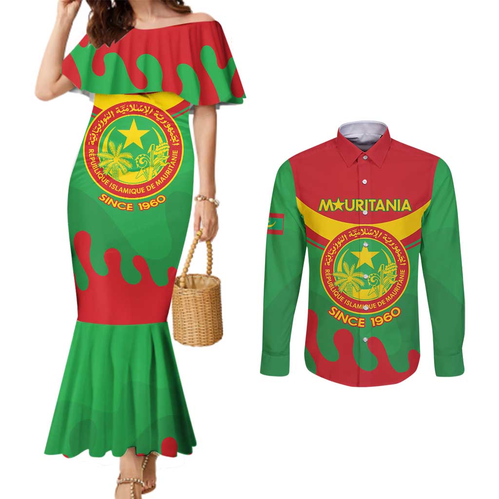 Personalised Mauritania Independence Day Couples Matching Mermaid Dress and Long Sleeve Button Shirt Coat Of Arms With Map Flag Color