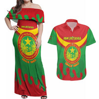 Personalised Mauritania Independence Day Couples Matching Off Shoulder Maxi Dress and Hawaiian Shirt Coat Of Arms With Map Flag Color - Wonder Print Shop
