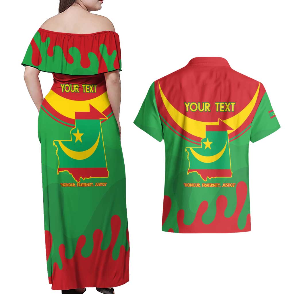 Personalised Mauritania Independence Day Couples Matching Off Shoulder Maxi Dress and Hawaiian Shirt Coat Of Arms With Map Flag Color - Wonder Print Shop