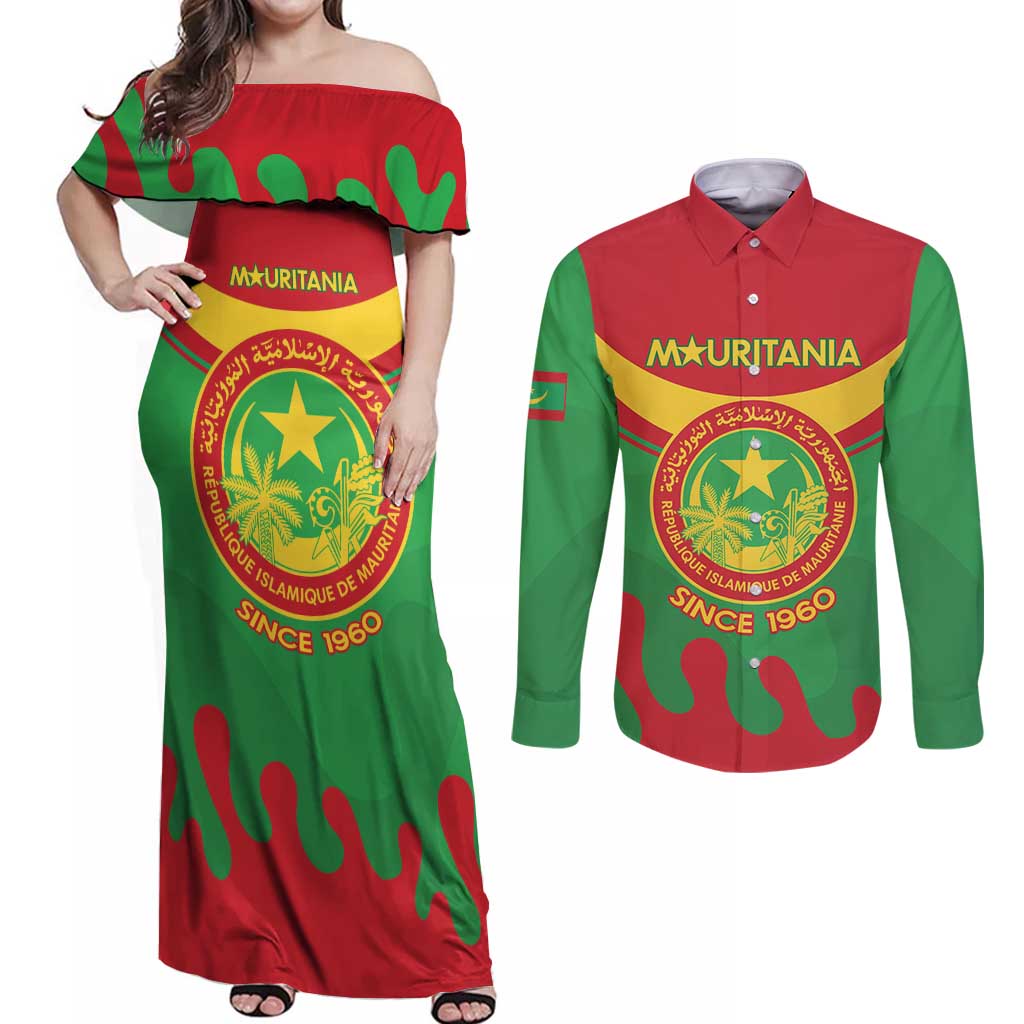 Personalised Mauritania Independence Day Couples Matching Off Shoulder Maxi Dress and Long Sleeve Button Shirt Coat Of Arms With Map Flag Color - Wonder Print Shop