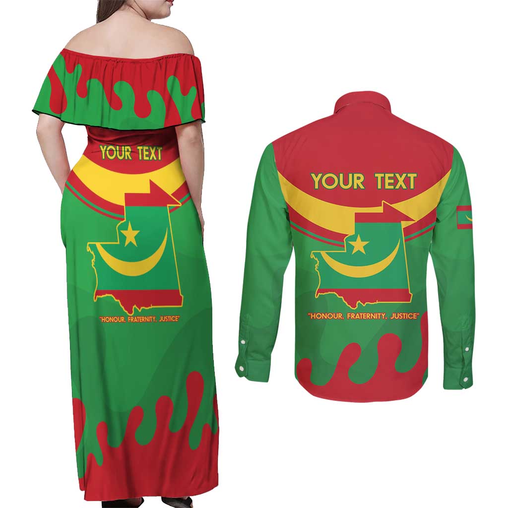 Personalised Mauritania Independence Day Couples Matching Off Shoulder Maxi Dress and Long Sleeve Button Shirt Coat Of Arms With Map Flag Color - Wonder Print Shop