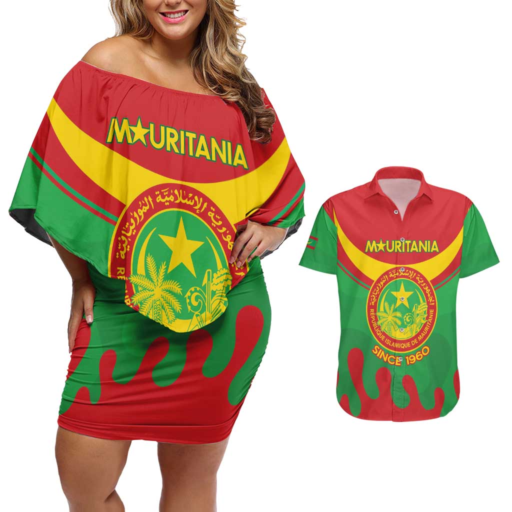 Personalised Mauritania Independence Day Couples Matching Off Shoulder Short Dress and Hawaiian Shirt Coat Of Arms With Map Flag Color - Wonder Print Shop