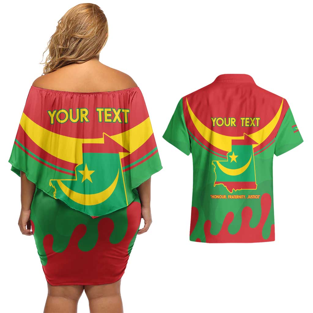 Personalised Mauritania Independence Day Couples Matching Off Shoulder Short Dress and Hawaiian Shirt Coat Of Arms With Map Flag Color - Wonder Print Shop