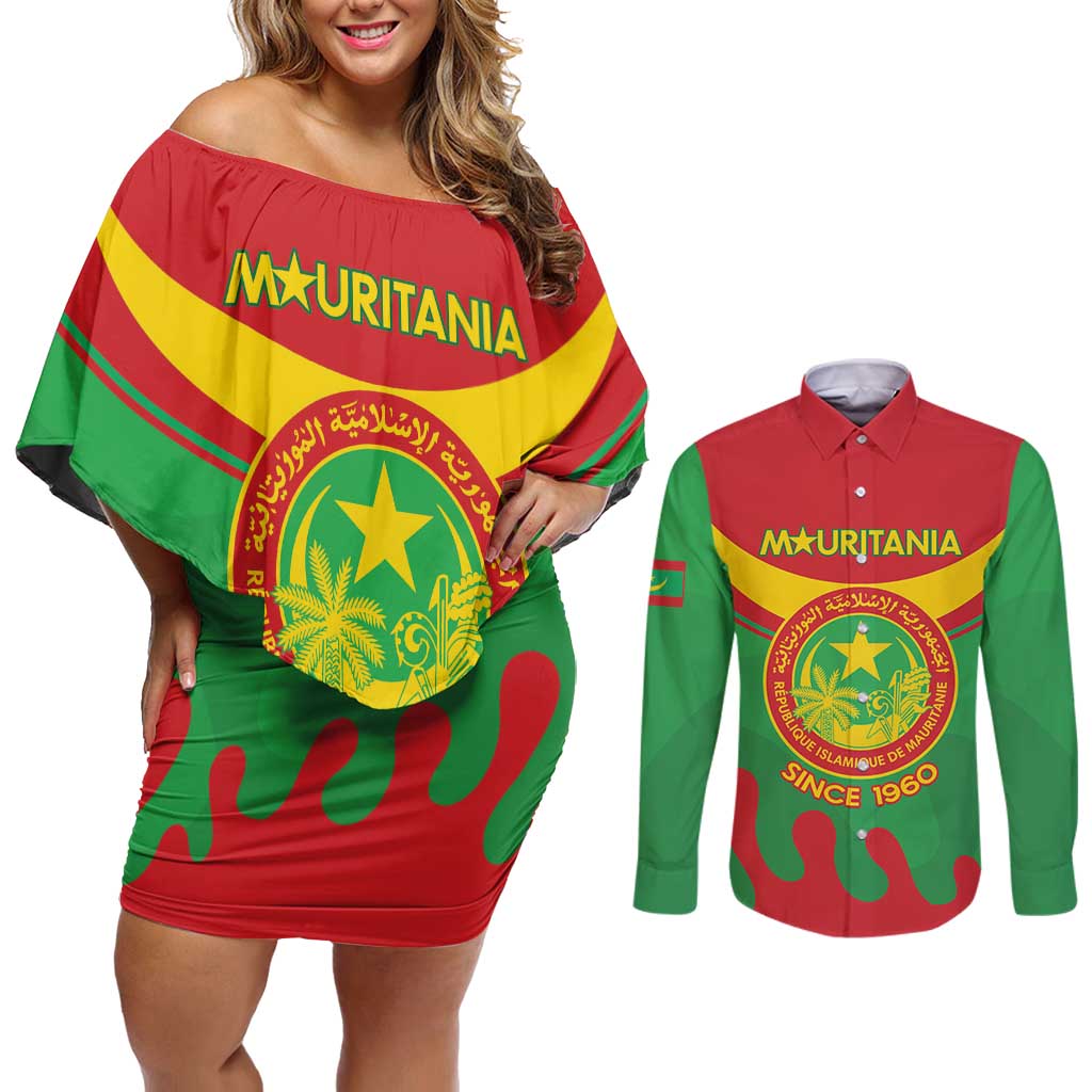 Personalised Mauritania Independence Day Couples Matching Off Shoulder Short Dress and Long Sleeve Button Shirt Coat Of Arms With Map Flag Color - Wonder Print Shop