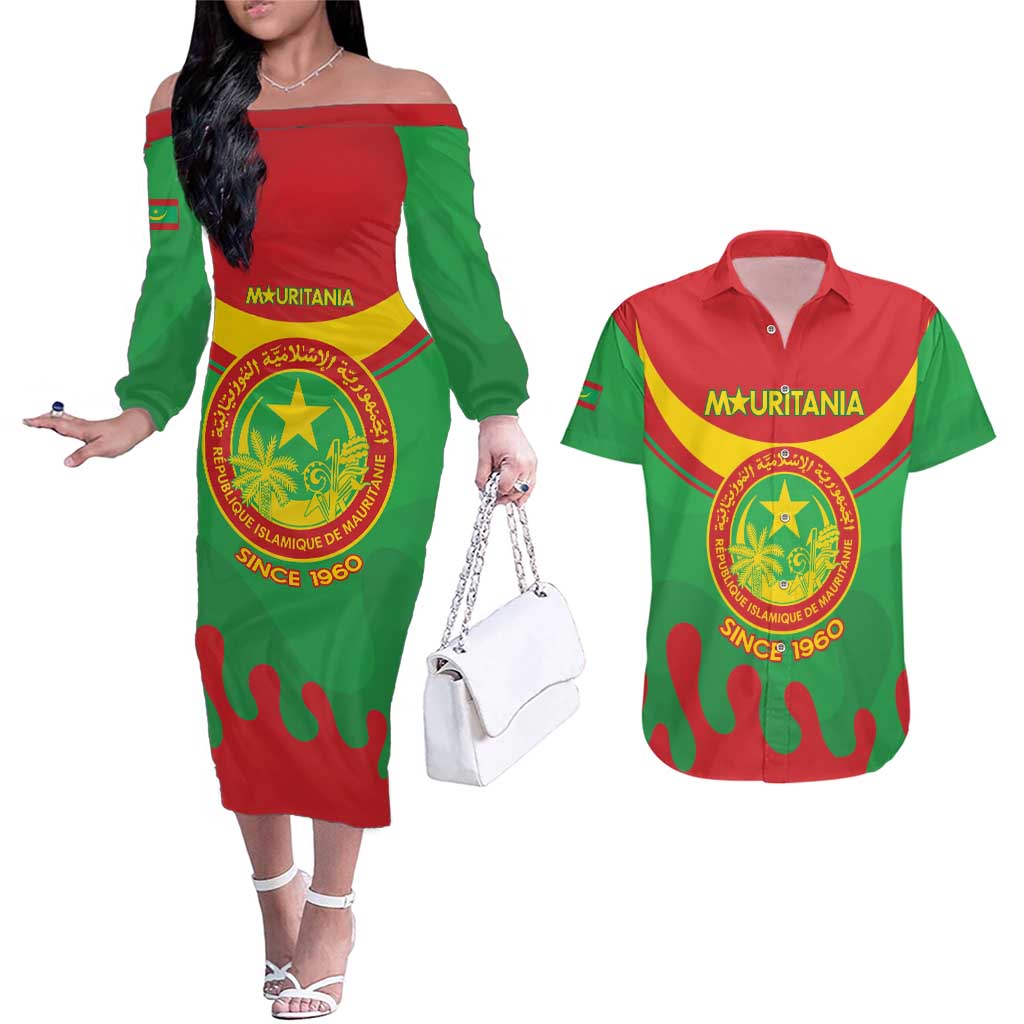 Personalised Mauritania Independence Day Couples Matching Off The Shoulder Long Sleeve Dress and Hawaiian Shirt Coat Of Arms With Map Flag Color - Wonder Print Shop