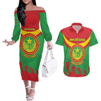 Personalised Mauritania Independence Day Couples Matching Off The Shoulder Long Sleeve Dress and Hawaiian Shirt Coat Of Arms With Map Flag Color - Wonder Print Shop